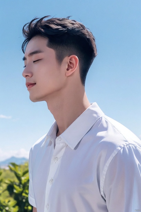 men,Blue sky, white shirt,eyes closed, LianmoNan,1boy