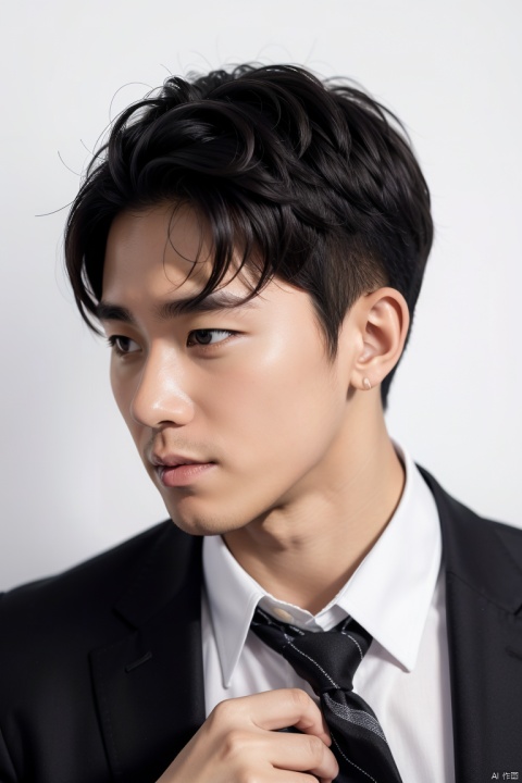  (best quality), (masterpiece), LianmoNan,1boy, male focus, solo, necktie, black necktie, black hair, shirt, formal, black eyes, own hands together, suit, collared shirt, realistic, jacket, white shirt, grey background, looking to the side, signature, long sleeves, upper body, striped, short hair, closed mouth, simple background, 