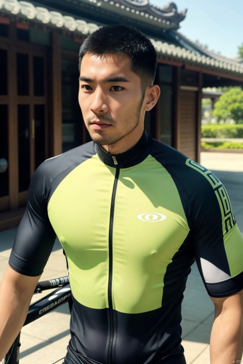 LianmoNan,1man,male focus,asian,exquisite facial features,handsome,fashion forward,bike clothes,pectoralis,outdoors,masterpiece, realistic, best quality, highly detailed