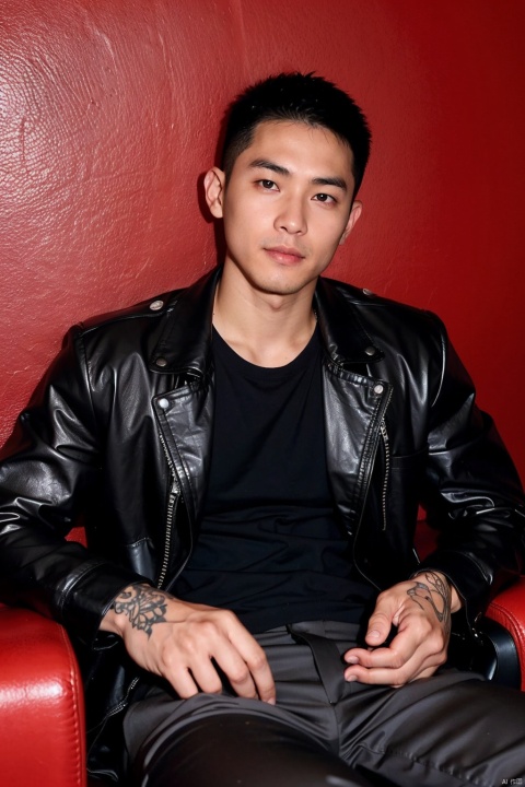  LianmoNan,1 Asian man in his late twenties reclines with confidence against a deep red backdrop. His black attire and leather jacket exude a bad-boy aura, complemented by his slicked-back hair and an array of tattoos. 