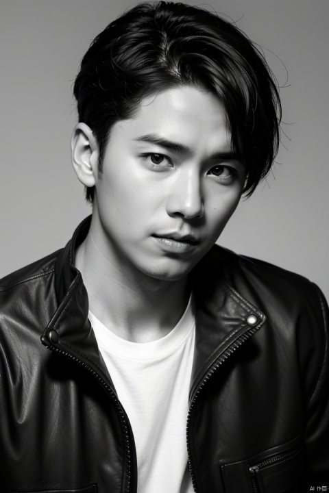 (best quality), (masterpiece), LianmoNan,solo, greyscale, 1boy, monochrome, male focus, realistic, jacket, looking at viewer, upper body, shirt, parted lips, messy hair, leather jacket, simple background, grey background