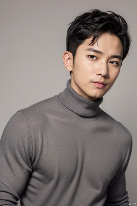  (best quality), (masterpiece), LianmoNan,1boy, male focus, solo, black hair, realistic, upper body, sweater, turtleneck, looking at viewer, grey background, simple background, black sweater, black eyes, brown eyes, turtleneck sweater