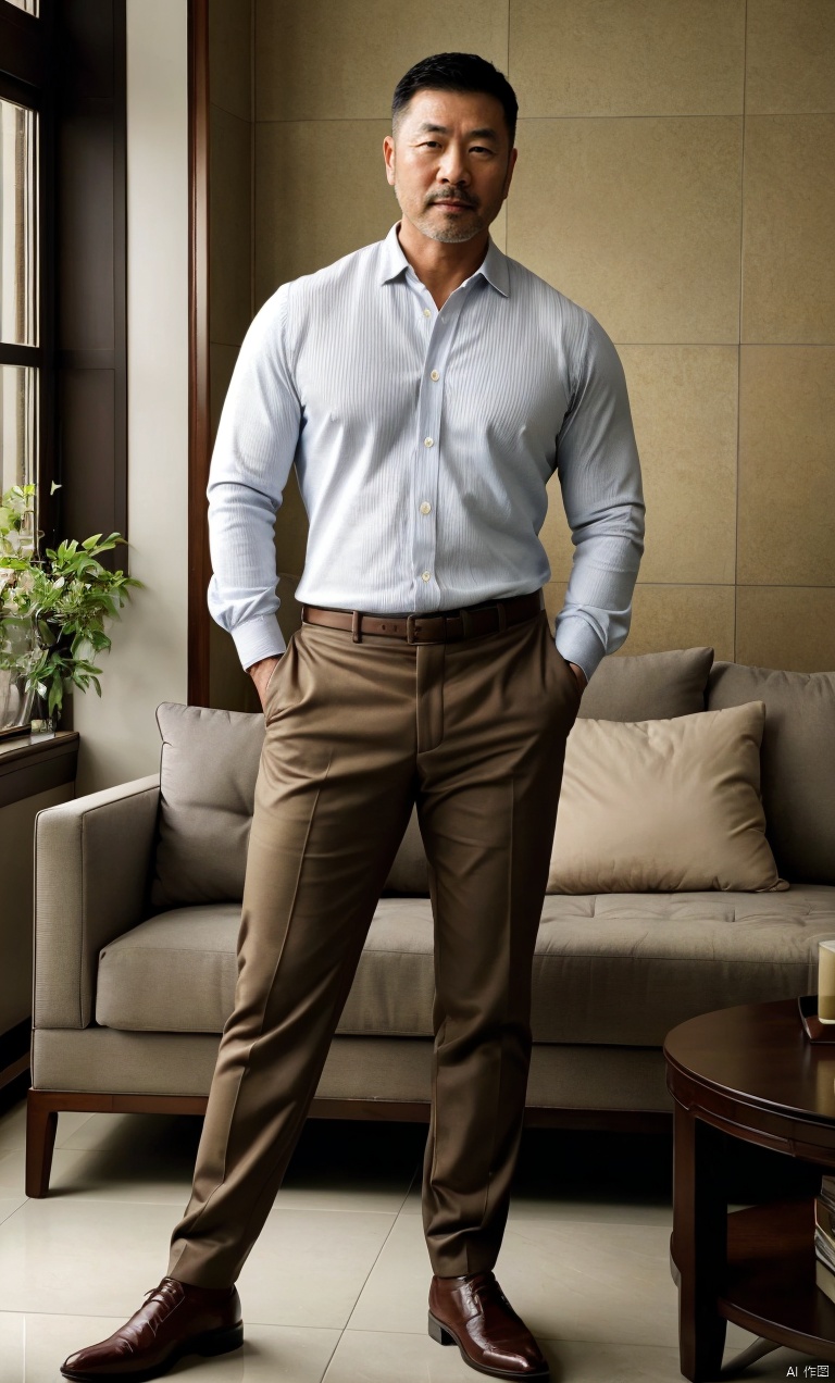  1man, Captain, Asian, 45 years old, male focus, (masterpiece, realism, best quality, highly detailed, professional), exquisite facial features, handsome, muscular, living room background, soft and blurry lighting, tilted tiles, full body portrait, casual attire, greenery, coffee, magazines, sofa, LianmoNan