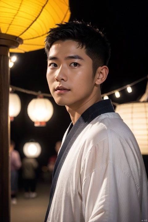 LianmoNan,1boy, male focus, solo,realistic, looking at viewer, lantern, blurry, paper lantern, black hair, blurry background, japanese clothes, upper body, kimono