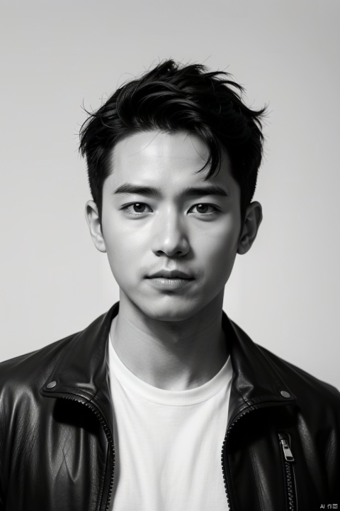  (best quality), (masterpiece), LianmoNan,solo, greyscale, 1boy, monochrome, male focus, realistic, jacket, looking at viewer, upper body, shirt, parted lips, messy hair, leather jacket, simple background, grey background