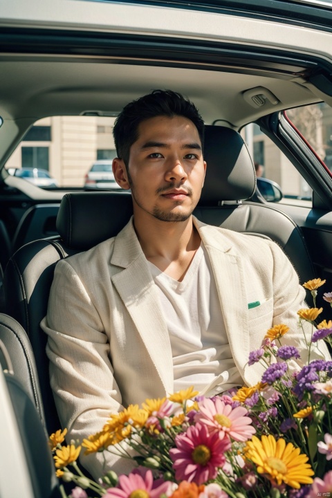  (Masterpiece, best quality: 1.2), high-level, extremely detailed, an 30-year-old handsome boy, sitting in a car full of flowers, facial focus, toples male, surrounded by flowers, natural posture, holiday style, depth of field, simulation film, super details, dreamy lofi photography, colorful, covered with flowers and vines, interior view, shot on fuiifilm XT4,

