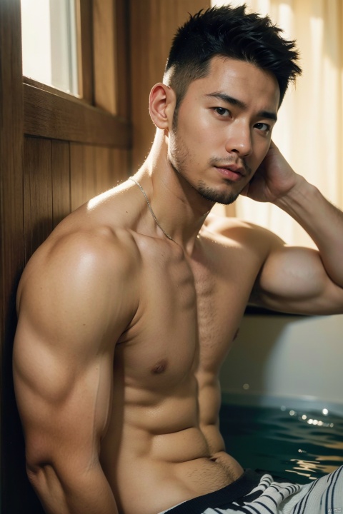 (Masterpiece, best quality, photorealistic, highres, professional photography, :1.4), LianmoNan, 
a muscular man, shirtless, 