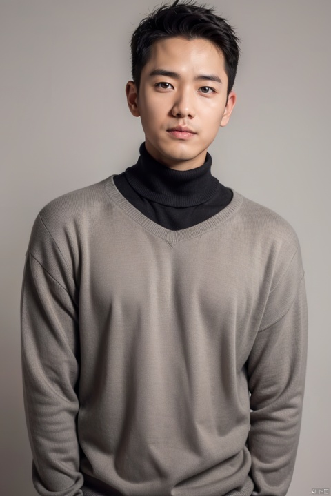  (best quality), (masterpiece), LianmoNan,1boy, male focus, solo, black hair, realistic, upper body, sweater, turtleneck, looking at viewer, grey background, simple background, black sweater, black eyes, brown eyes, turtleneck sweater