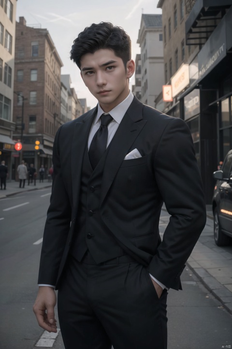  handsome guy, young man, alone, standing on an open street, with slightly curled black hair, short black hair, brown pupils, dressed in a suit and formal dress, with a sad expression, young man, young man, avatar, glowing, SaSangAAA, CodeMen278, LianmoNan, lianmo_nan