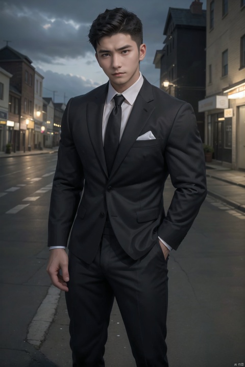  handsome guy, young man, alone, standing on an open street, with slightly curled black hair, short black hair, brown pupils, dressed in a suit and formal dress, with a sad expression, young man, young man, avatar, glowing, SaSangAAA, CodeMen278, LianmoNan