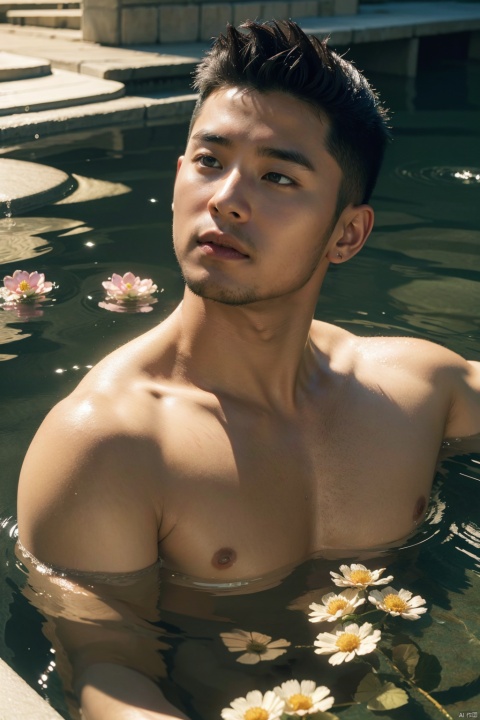 (Masterpiece, best quality, photorealistic, highres, professional photography, :1.4), LianmoNan, 
1boy, shirtless, water,flowers