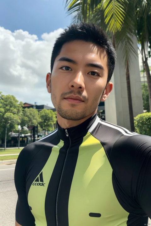 LianmoNan,1man,male focus,asian,exquisite facial features,handsome,fashion forward,bike clothes,pectoralis,outdoors,masterpiece, realistic, best quality, highly detailed