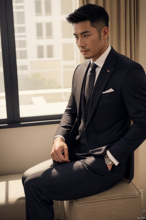  1man,masterpiece, realistic, best quality, highly detailed, Ultra High Resolution,profession,male focus,asian,Confident Dressing,exquisite facial features,handsome,deep eyes,muscular,formal suit,shirt,necktie,pants,sheer socks,footwear,Tailored Fit,Quality Fabrics,graceful yet melancholic posture,leaning,soft lighting,full shot,dutch angle,from_side,close_shot,jzns,