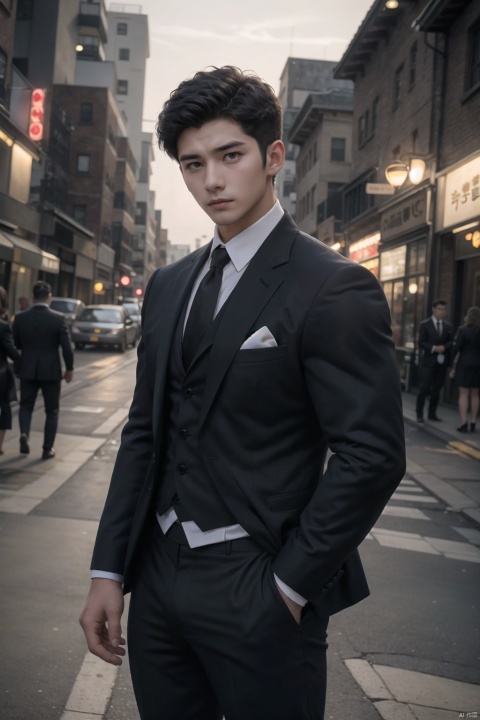  handsome guy, young man, alone, standing on an open street, with slightly curled black hair, short black hair, brown pupils, dressed in a suit and formal dress, with a sad expression, young man, young man, avatar, glowing, SaSangAAA, CodeMen278, lianmo_nan