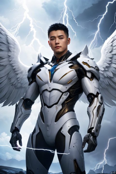 A photo of cyberpunk art,fantasy art,1boy,angel,angel wings,white theme,(winding lightning:1.2),mechanically constructed body,extremely complex mechanical structures,white skin,white wings,bright picture,red eyes,
 best quality, masterpiece, zhuangxiong