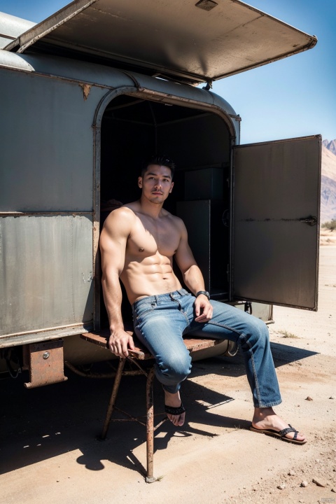 (Masterpiece, best quality, photorealistic, highres, professional photography, :1.4), LianmoNan, 
a muscular man, shirtless, sits on an old-fashioned, metal chair in a desert setting. he rests his arm on a rusted metal container, with a backdrop of rugged mountains and a vintage trailer. the sky is clear, and the overall atmosphere evokes a sense of adventure and solitude