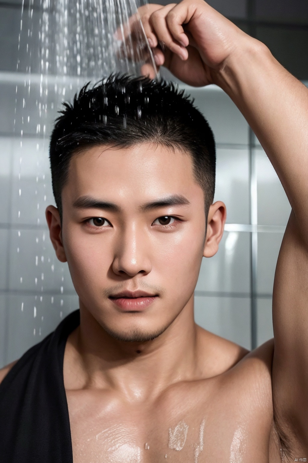 fashion photo of a 25 years old asian male model, showering, hyperdetailed, headshot, erotic look