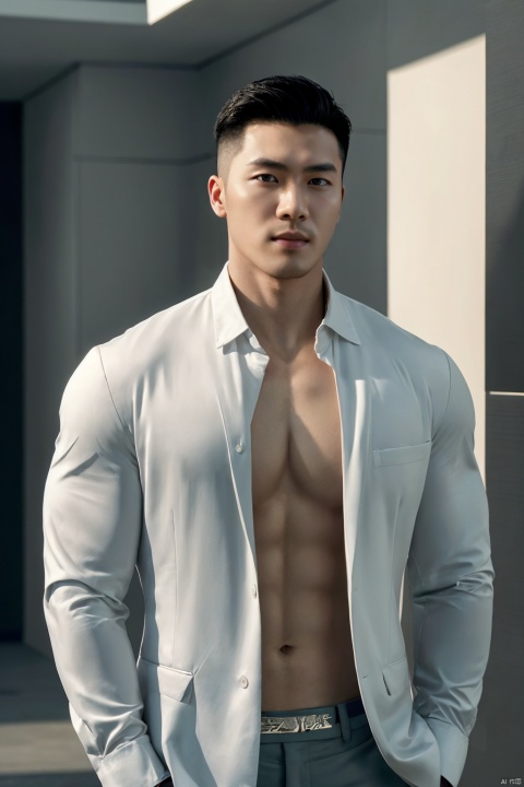  jzns,1man,male focus,asian,exquisite facial features,handsome,eye-catching,confident,open shirt,fashion forward,graceful yet melancholic posture,Volumetric lighting,full shot,Ultra High Resolution,profession,High-end fashion photoshoot,(masterpiece, realistic, best quality, highly detailed), Fortnite, LianmoNan