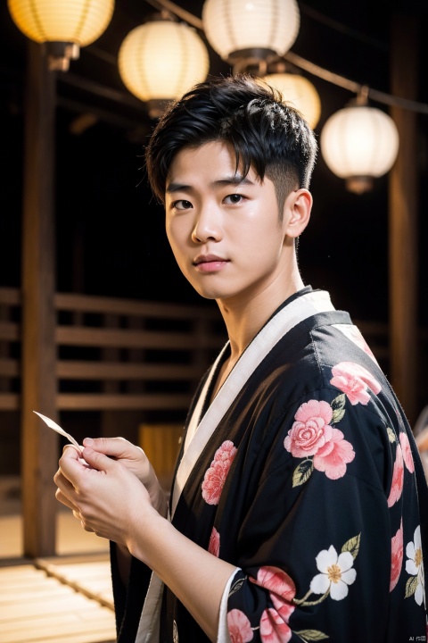 LianmoNan,1boy, male focus, solo,realistic, looking at viewer, lantern, blurry, paper lantern, black hair, blurry background, japanese clothes, upper body, kimono