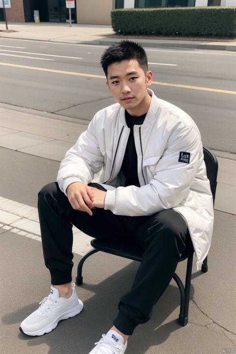  (best quality), (masterpiece), LianmoNan,1boy, solo,sitting, black hair, chair, white pants, black footwear, crossed legs, holding, shoes, male focus, looking at viewer, pants, jacket, realistic, full body, 