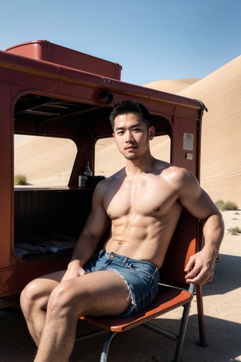 (Masterpiece, best quality, photorealistic, highres, professional photography, :1.4), LianmoNan, a muscular man, shirtless, sits on an old-fashioned, metal chair in a desert setting. he rests his arm on a rusted metal container, with a backdrop of rugged mountains and a vintage trailer. the sky is clear, and the overall atmosphere evokes a sense of adventure and solitude
负向提示, LianmoNan