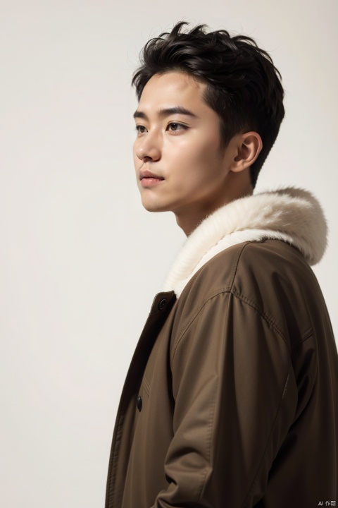  (best quality), (masterpiece), LianmoNan,1boy, male focus, solo, black hair, jacket, black eyes, realistic, fur trim, upper body, looking to the side, long sleeves, short hair,  coat, looking away, white background, simple background