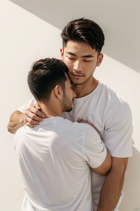 2men, muscles, pecs, hug from behind,white shirts,man on the left touching the head of the man on the right, short hair,