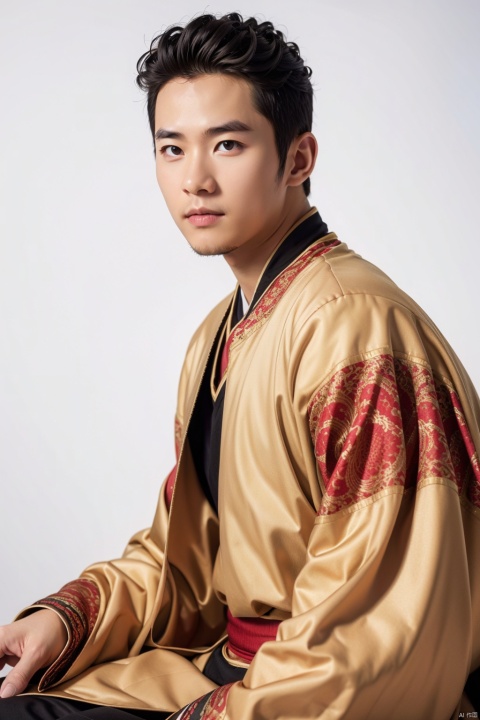  (best quality), (masterpiece), LianmoNan,1boy, male focus, solo, black hair, jacket, black eyes, realistic, hanfu, white background, simple background