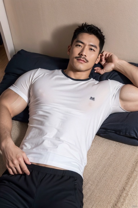 LianmoNan,1boy, male focus,shirt, muscular, solo, muscular male,bara, short hair, white shirt, black hair, mature male, pants, mustache, manly, pectorals, on back, t-shirt, lying, indoors, realistic, large pectorals
