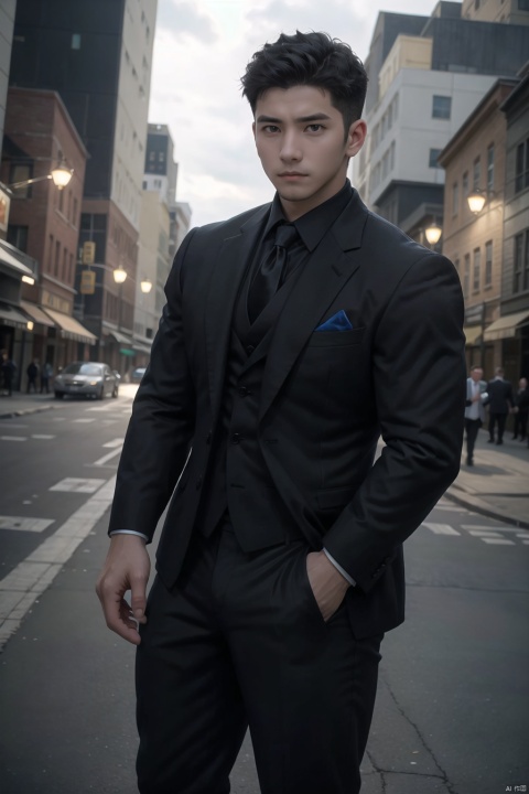  handsome guy, young man, alone, standing on an open street, with slightly curled black hair, short black hair, brown pupils, dressed in a suit and formal dress, with a sad expression, young man, young man, avatar, glowing, SaSangAAA, CodeMen278, LianmoNan