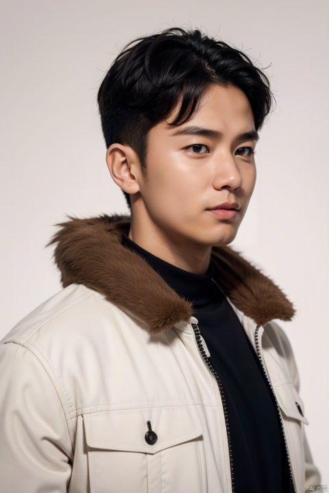  (best quality), (masterpiece), LianmoNan,1boy, male focus, solo, black hair, jacket, black eyes, realistic, fur trim, upper body, looking to the side, zipper, shirt, long sleeves, short hair, parted lips, lips, coat, looking away, white background, simple background