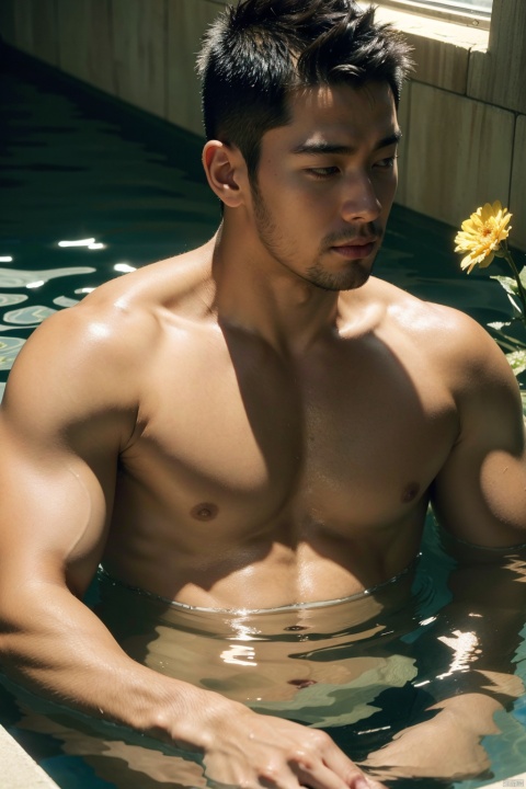 (Masterpiece, best quality, photorealistic, highres, professional photography, :1.4), LianmoNan, 
a muscular man, shirtless, water,flowers