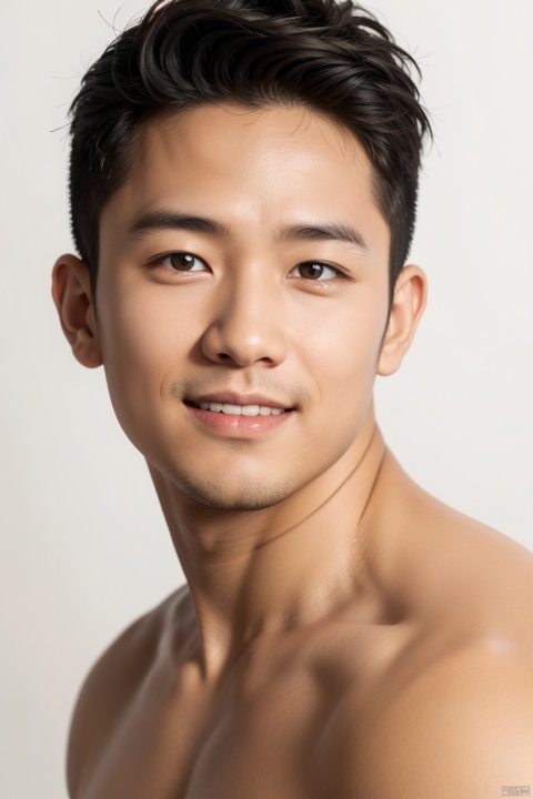  (best quality), (masterpiece), LianmoNan,1boy, male focus, realistic, black hair, looking at viewer, white background, simple background, portrait, black eyes, smile, brown eyes, muscular, muscular male