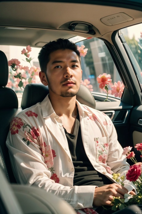  (Masterpiece, best quality: 1.2), high-level, extremely detailed, an 30-year-old handsome boy, sitting in a car full of flowers, facial focus, toples male, surrounded by flowers, natural posture, holiday style, depth of field, simulation film, super details, dreamy lofi photography, colorful, covered with flowers and vines, interior view, shot on fuiifilm XT4,

