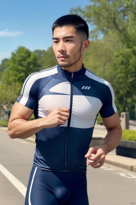 LianmoNan,1man,male focus,asian,exquisite facial features,handsome,fashion forward,bike clothes,bulge,pectoralis,outdoors,masterpiece, realistic, best quality, highly detailed