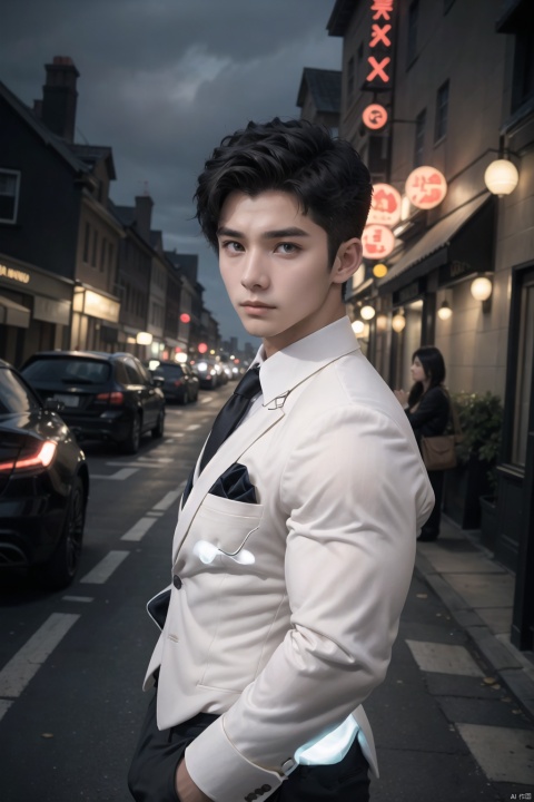  handsome guy, young man, alone, standing on an open street, with slightly curled black hair, short black hair, brown pupils, dressed in a suit and formal dress, with a sad expression, young man, young man, avatar, glowing, SaSangAAA, CodeMen278, LianmoNan, lianmo_nan