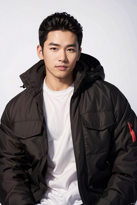  (best quality), (masterpiece), LianmoNan,1boy, male focus, solo, black hair, jacket, black eyes, realistic, Cotton-padded jacket,down jacket, white background, simple background