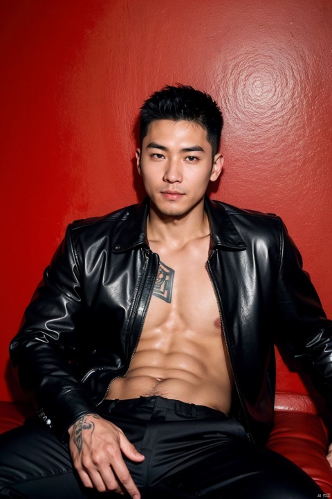  1 Asian man in his late twenties reclines with confidence against a deep red backdrop. His black attire and leather jacket exude a bad-boy aura, complemented by his slicked-back hair and an array of tattoos. A mysterious briefcase and a cigarette add to his enigmatic presence., LianmoNan