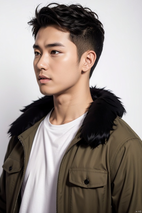  (best quality), (masterpiece), LianmoNan,1boy, male focus, solo, black hair, jacket, black eyes, realistic, fur trim, upper body, looking to the side, zipper, shirt, long sleeves, short hair, parted lips, lips, coat, looking away, white background, simple background