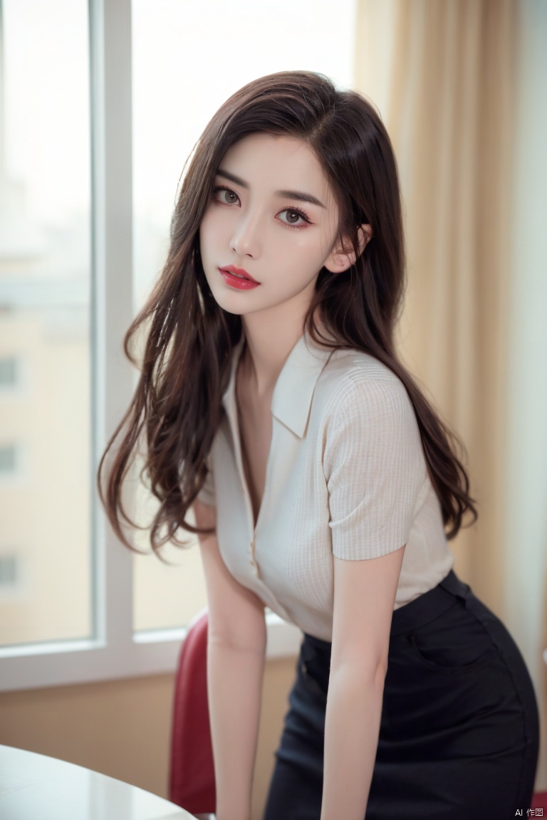  xiannv,1girl,long hair,black hair,skirt,solo,indoors,shirt,striped shirt,striped,holding,window,blurry background,black skirt,pen,blurry,leaning forward,parted lips,pencil skirt,brown eyes,table,chair,jewelry,collared shirt,cinematic,HD,Lucid,detailed,photography,colorful,atmospheric,perfect lighting,aesthetic,elegant,Delicate features, clear eyes, nose, mouth, ears, eyebrows, seductive expression, sexy lips