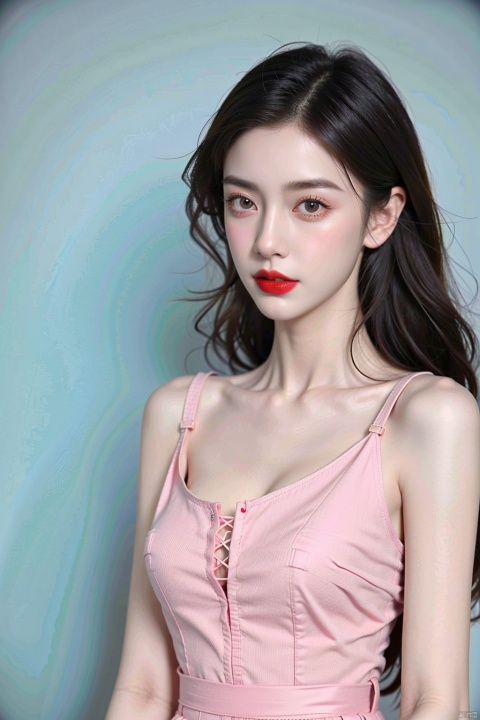 1girl,Clothes of different colors, powder blusher, red eyes, delicate and perfect faces, reddish lips, simple tops, upper body,(Large chest：2.0)