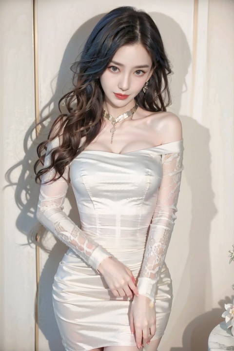  1girl, solo,blue eyes, long hair,smile，holding flower, holding, rose, dress, petals, hair ornament, long sleeves, white hair, on back, white dress, looking at viewer, choker, parted lips, bare shoulders,off shoulder, black choker, hair flower, off-shoulder dress, very long hair, collarbone, puffy long sleeves, puffy sleeves, hair between eyes,dofas, crystal, yunbin, qianjin, christmas
