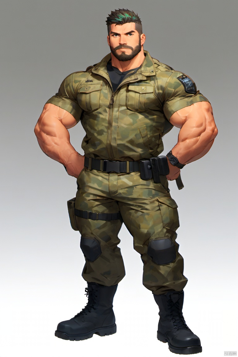  best quality, amazing quality, very aesthetic, absurdres,1man,solo,mature male,bodybuilder,muscular male,looking at viewer, beard, standing, simple background,
camouflage jacket, Camouflage shorts, Tactical Belt, full body, Tactical boots,
short_hair, stubble, sideburns, multicolored_hair, thick_thighs, beard, black_eyes,
(arms behind back), spread legs,