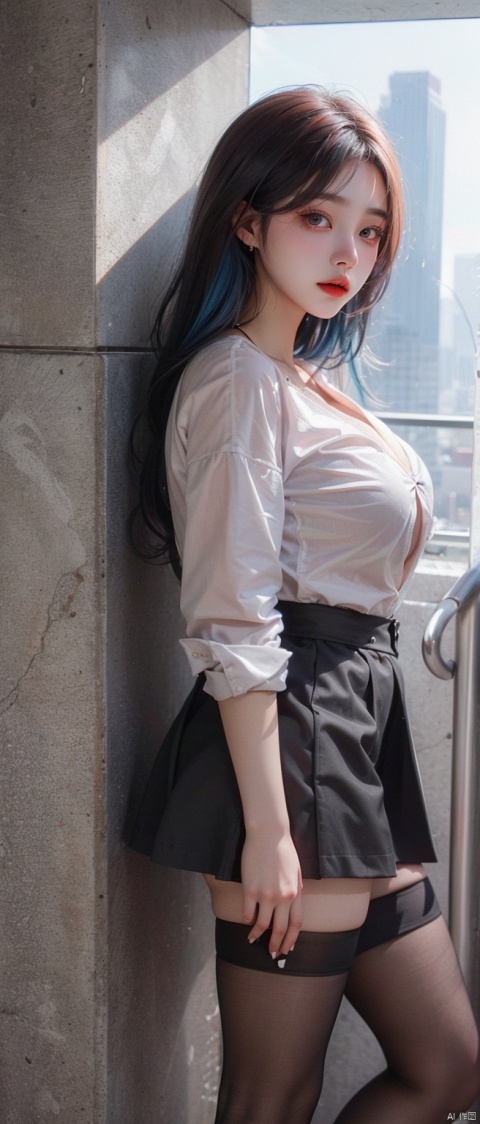 An 18-year-old girl. White shirt. Black tie. Black short skirt. Black stockings. Black high heels. big boobs.Blue hair.Urban background., (\meng ze\)