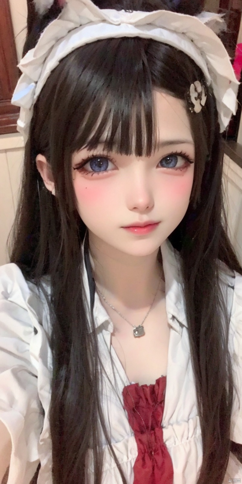 1girl, solo, long hair, looking at viewer, brown hair, red eyes, animal ears, hair between eyes, bare shoulders, detached sleeves, lips, own hands together, realistic, 1 girl