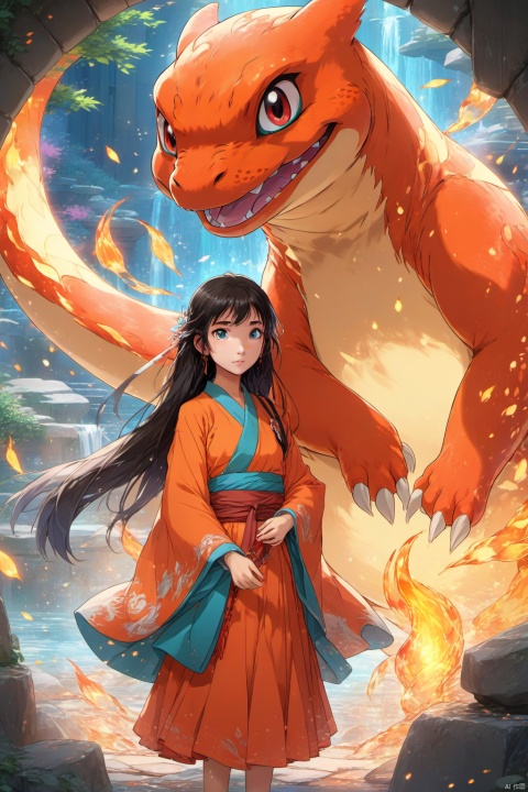  Anime style, (masterpiece: 1.3), best quality, animation works, 1girl, solo, long hair, bangs, hanfu, black hair, wide sleeve flowing fairy skirt, (Charmander), photos, 8k, complex, highly detailed, majestic, digital photography, broken glass, (fine and delicate beautiful eyes: 1.2), hdr, lifelike, high-definition, animation style, key vision, vibrant, studio animation, highlydetailed,,,Anime style