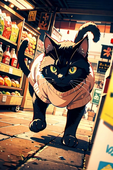  A movie stills of a cat grabbing a fish with its claws and running away in the market. The cat screamed, wearing a sweater, with shallow depth of field, small episodes, high details, high budget, defocus, cinematography, melancholy, epic, gorgeous, film particles, particles

,tuyagirl, watercolor, light master