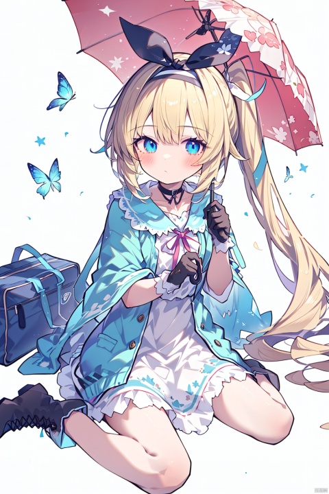  (best quality),(masterpiece),1girl, solo, ribbon, choker, blonde_hair, umbrella, side_ponytail, hairband, blue_eyes, single_glove, sitting, hair_ribbon, short_hair, black_choker, dress, gloves, wariza, blush, white_background, closed_umbrella, looking_at_viewer, boots, white_dress