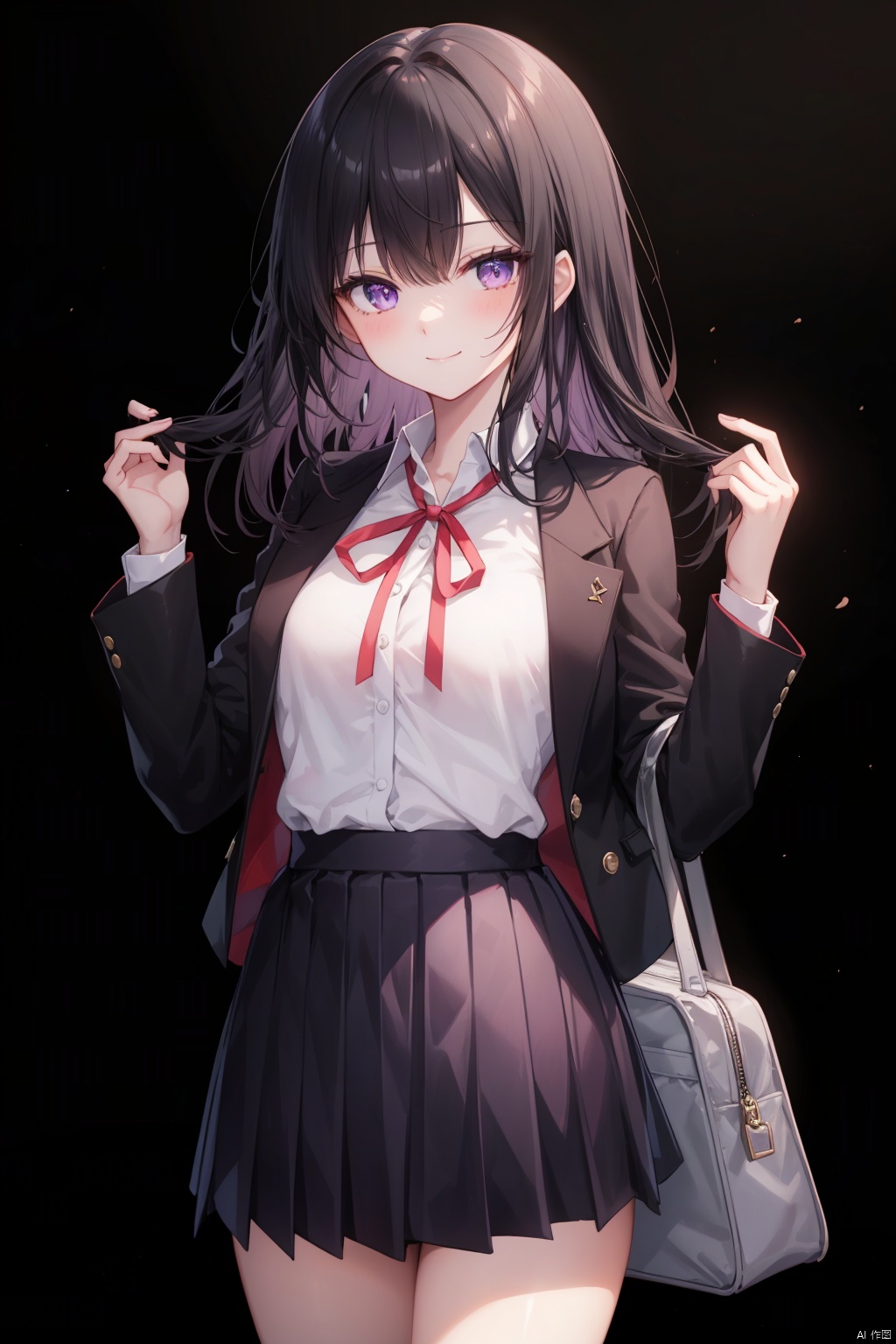 solo, 1girl, shirt, skirt, bag, pleated skirt, white shirt, ribbon, neck ribbon, black hair, smile, long hair, collared shirt, gradient background, jacket, looking at viewer, purple eyes, bow, school bag, school uniform, hair bow, closed mouth, red ribbon, open clothes, long sleeves, black skirt, blush, black background, open jacket, hand on own hip