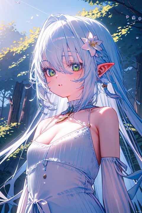  (masterpiece),(best quality),1girl, flower, breasts, solo, pointy ears, braid, pink flower, hair ornament, cleavage, long hair, parted lips, hair flower, petals, bare shoulders, green eyes, dress, upper body, white flower, detached sleeves, bangs, white hair, medium breasts, white dress, sidelocks, outdoors, nature, sunlight, elf, earrings, tree, jewelry, day, hair between eyes, forest